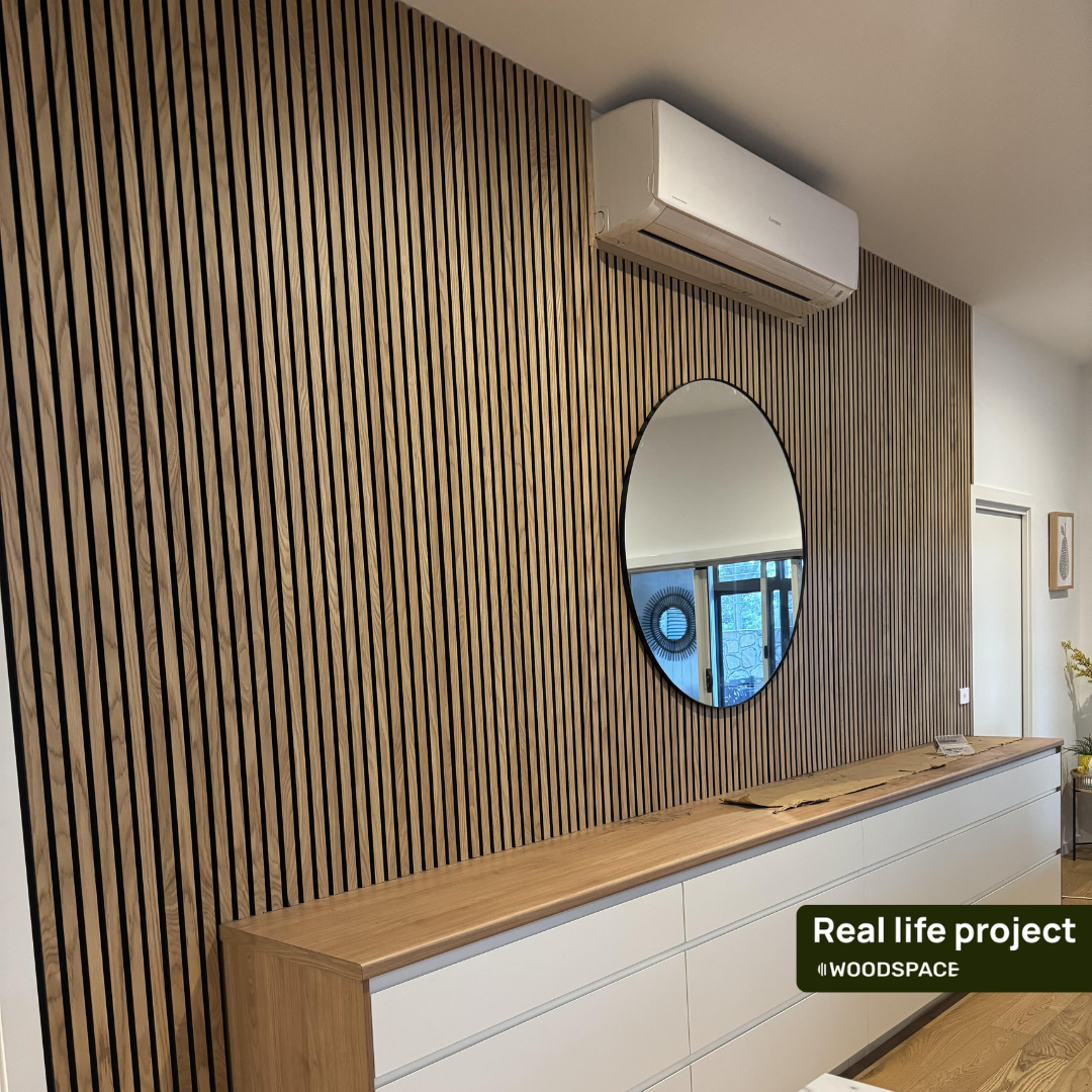 Natural Oak (Lacquered) on Black Acouwood® Wood Wall Panels