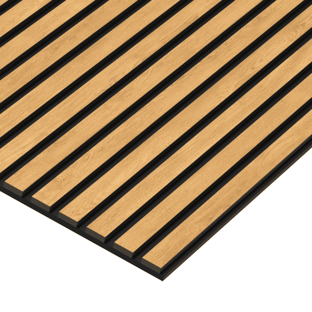 Natural Oak (Lacquered) on Black Acouwood® Wood Wall Panels