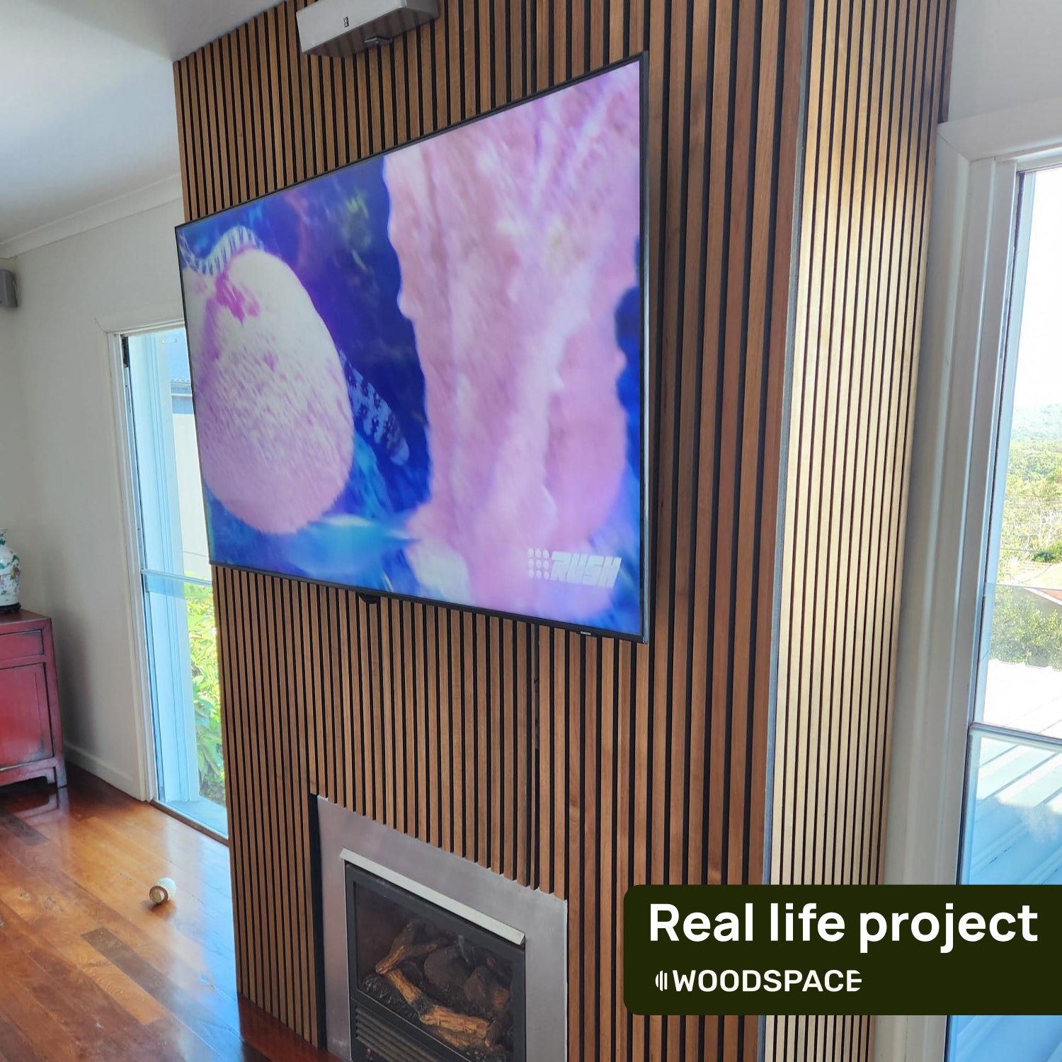 Teak Acouwood® (Lacquered) on Black Wood Wall Panels