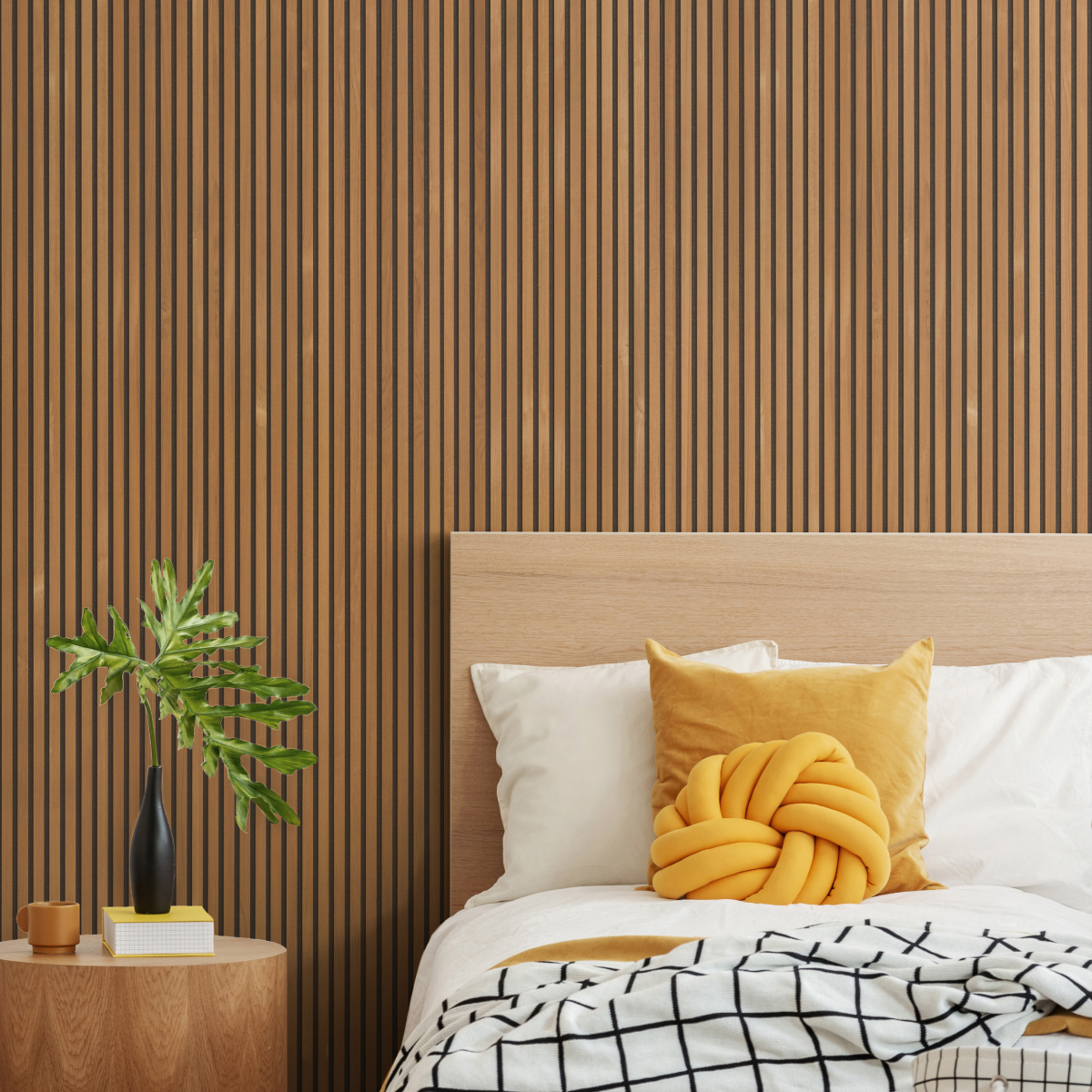 Teak Acouwood® (Lacquered) on Black Wood Wall Panels