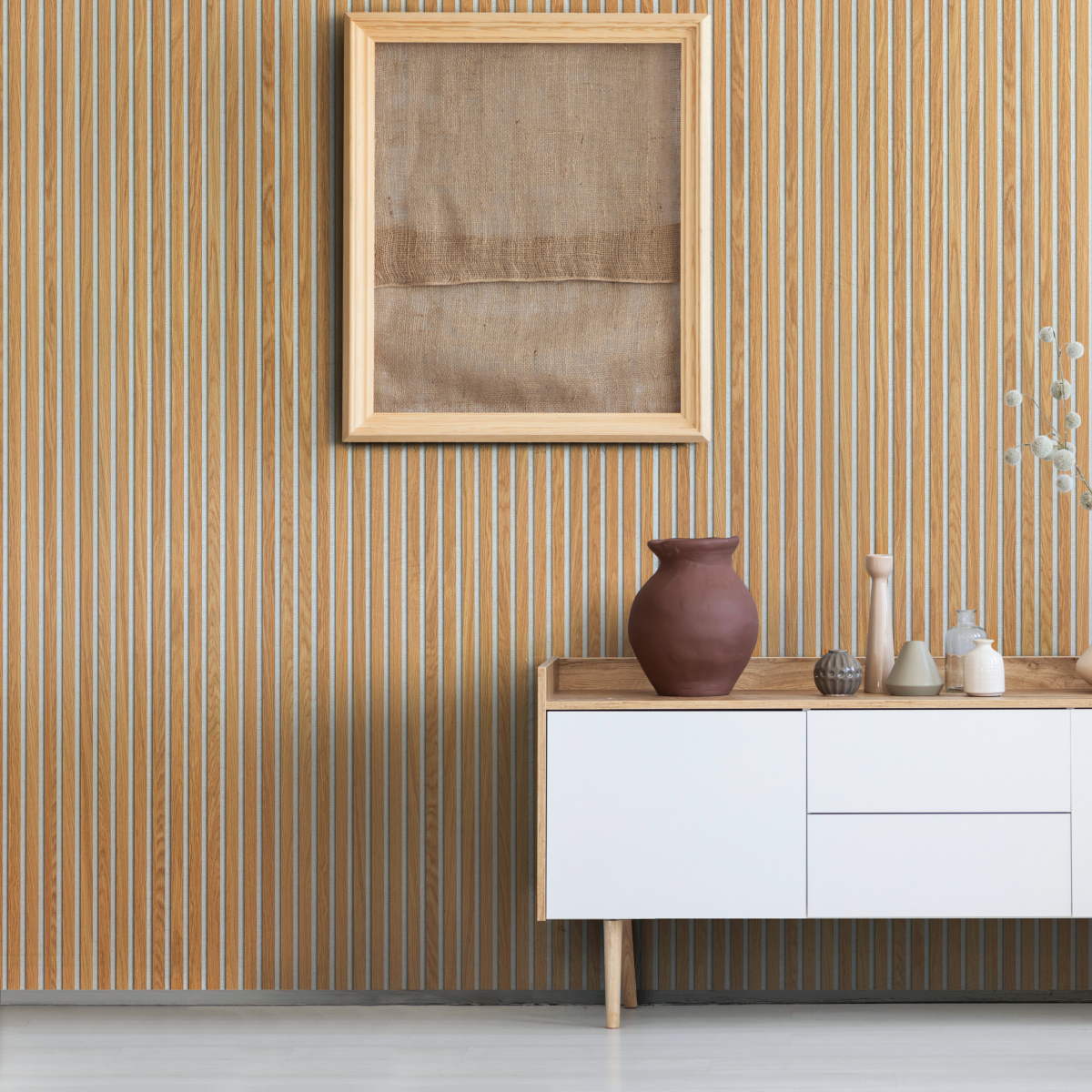 Natural Oak (Lacquered) on Light-Beige Acouwood® Wood Wall Panels