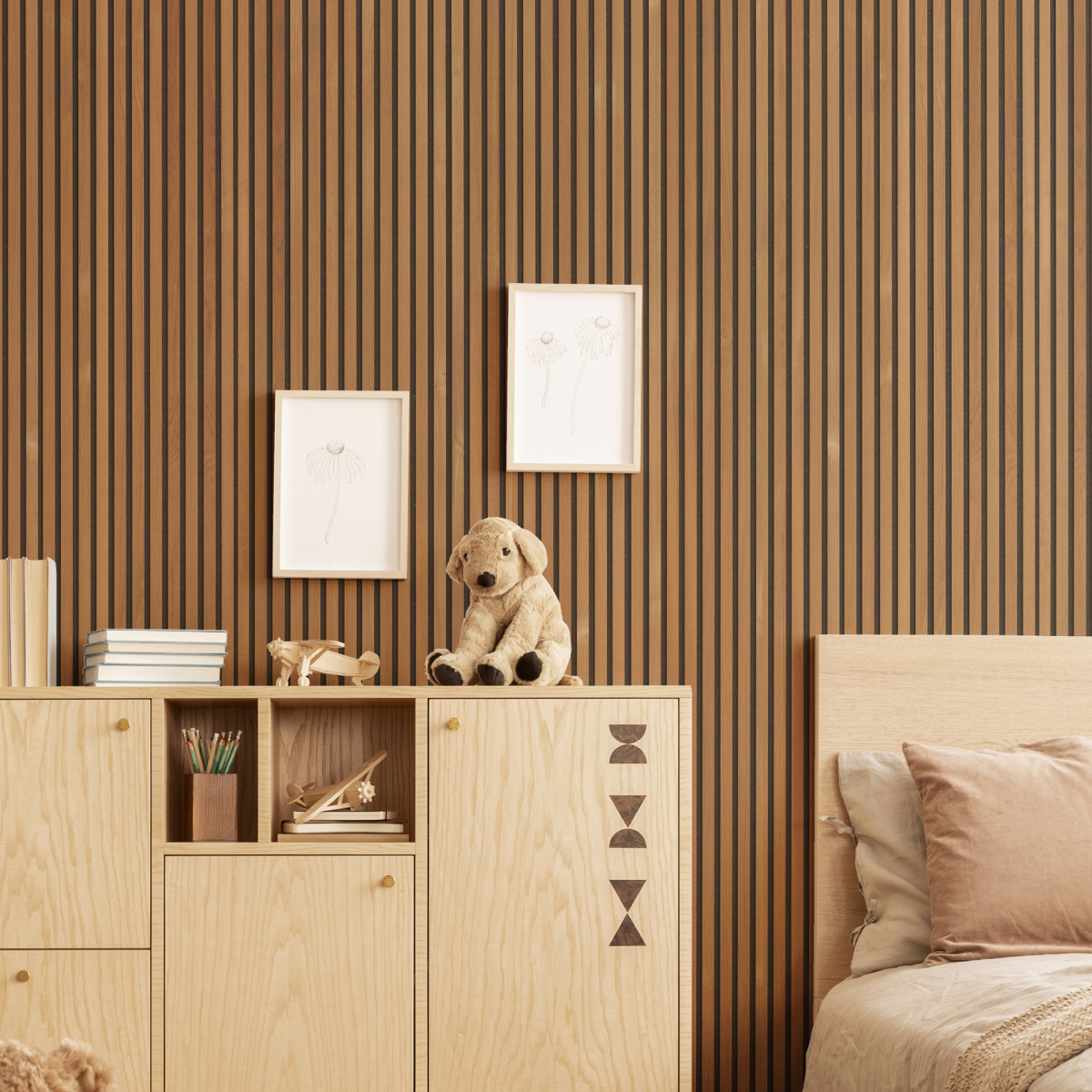 Teak Acouwood® (Lacquered) on Black Wood Wall Panels